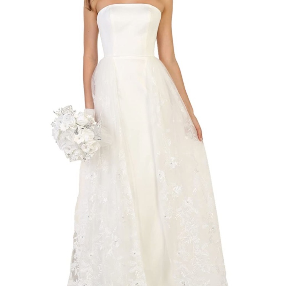 Strapless wedding gown with lace/tulle attached overskirt and column sheath